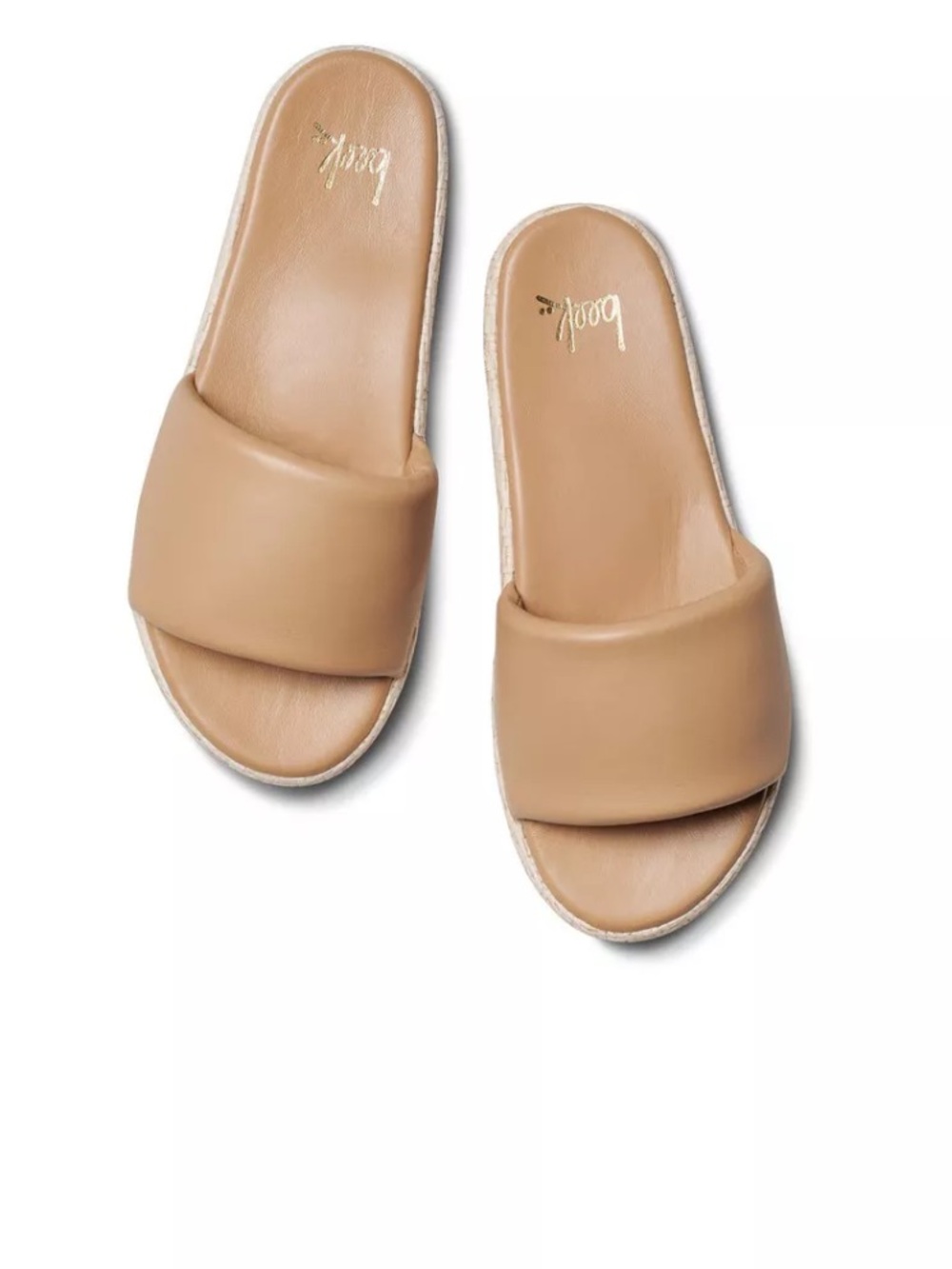 *New Beek Beige Leather Raffia Puffbird Beach leather slides sz 8